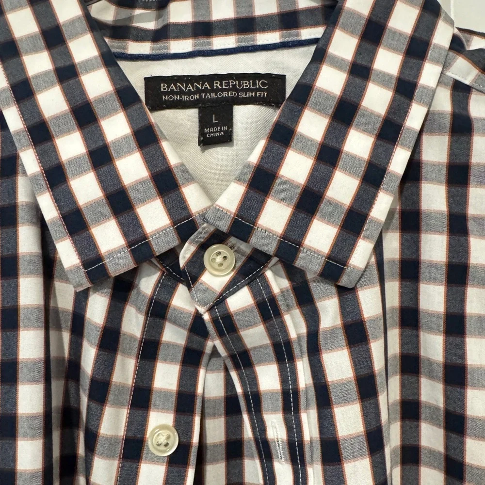 Banana Republic Men's Tailored Non-Iron Slim Fit Black and White Checkered Shirt